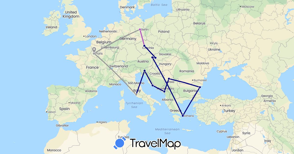 TravelMap itinerary: driving, plane, train in Austria, Bulgaria, Czech Republic, Germany, France, Greece, Croatia, Italy, Montenegro, Serbia, Slovenia, Slovakia (Europe)